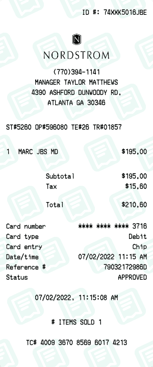 Nordstrom receipt template
