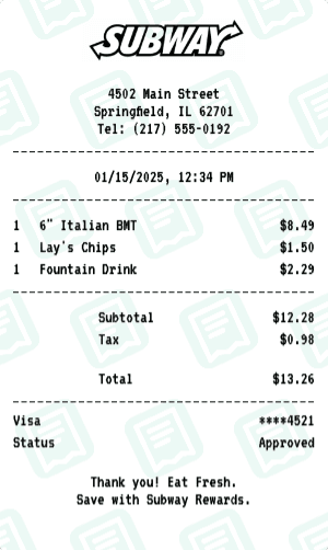 Subway receipt template